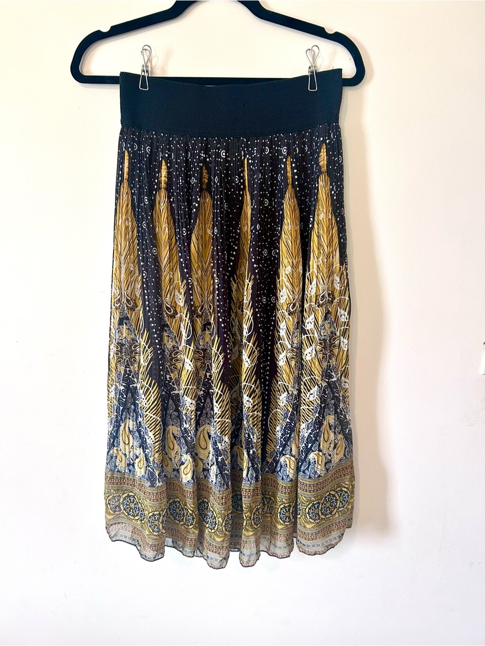 Metrowear Boho Pleated Midi Skirt Black Gold Paisley Celestial Lined M